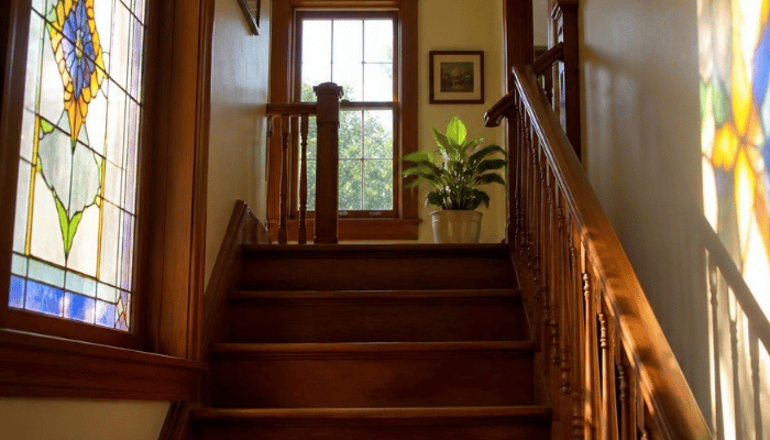 Interior Shot Of A Chicago Area Home Stairwell Looking Up Toward A Second Floor