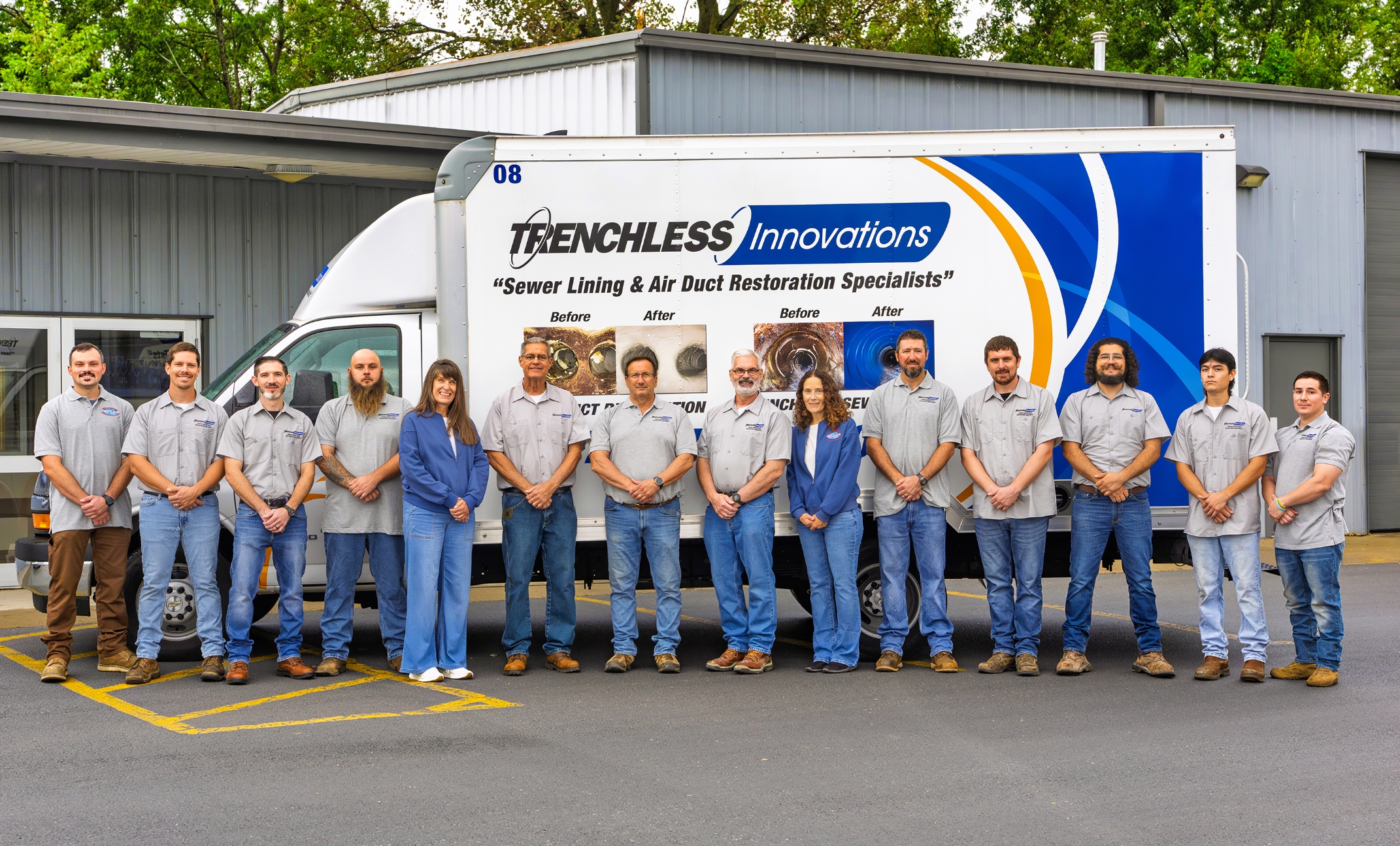 The Trenchless Innovations team standing in front of a company truck